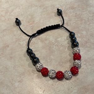 Red, White, and Black with Rhinestones Adjustable Bracelet